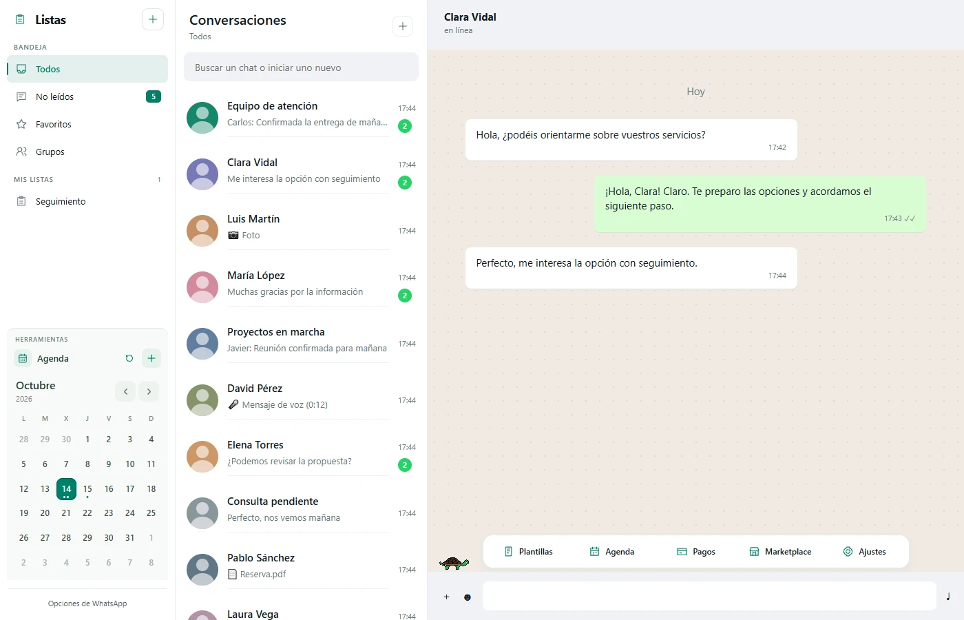 Interfaz de VSchat dentro de WhatsApp Web con listas, calendario y barra de herramientas